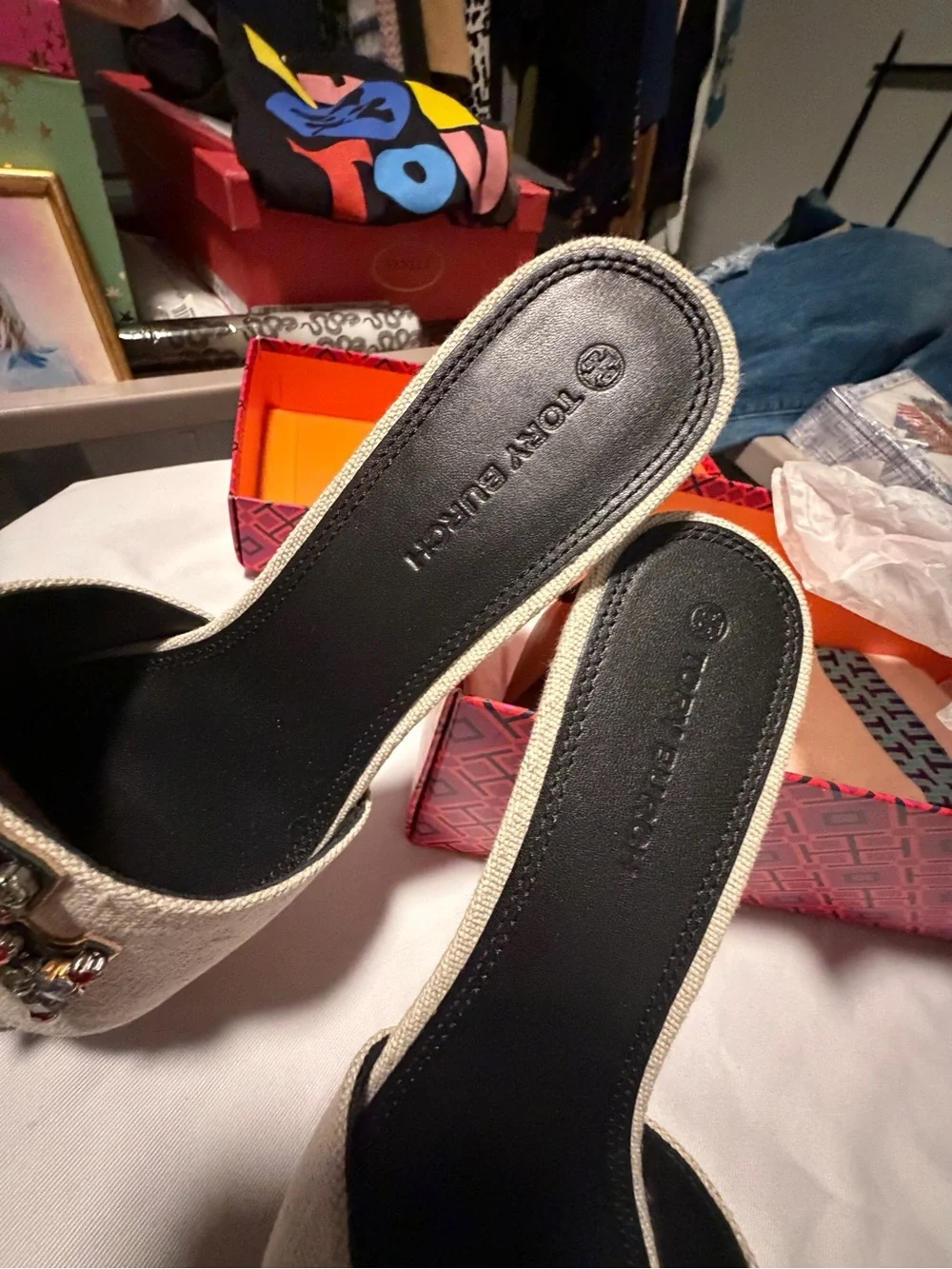 TORY BURCH INES EMBELLISHED LINEN & LEATHER MULES size 8